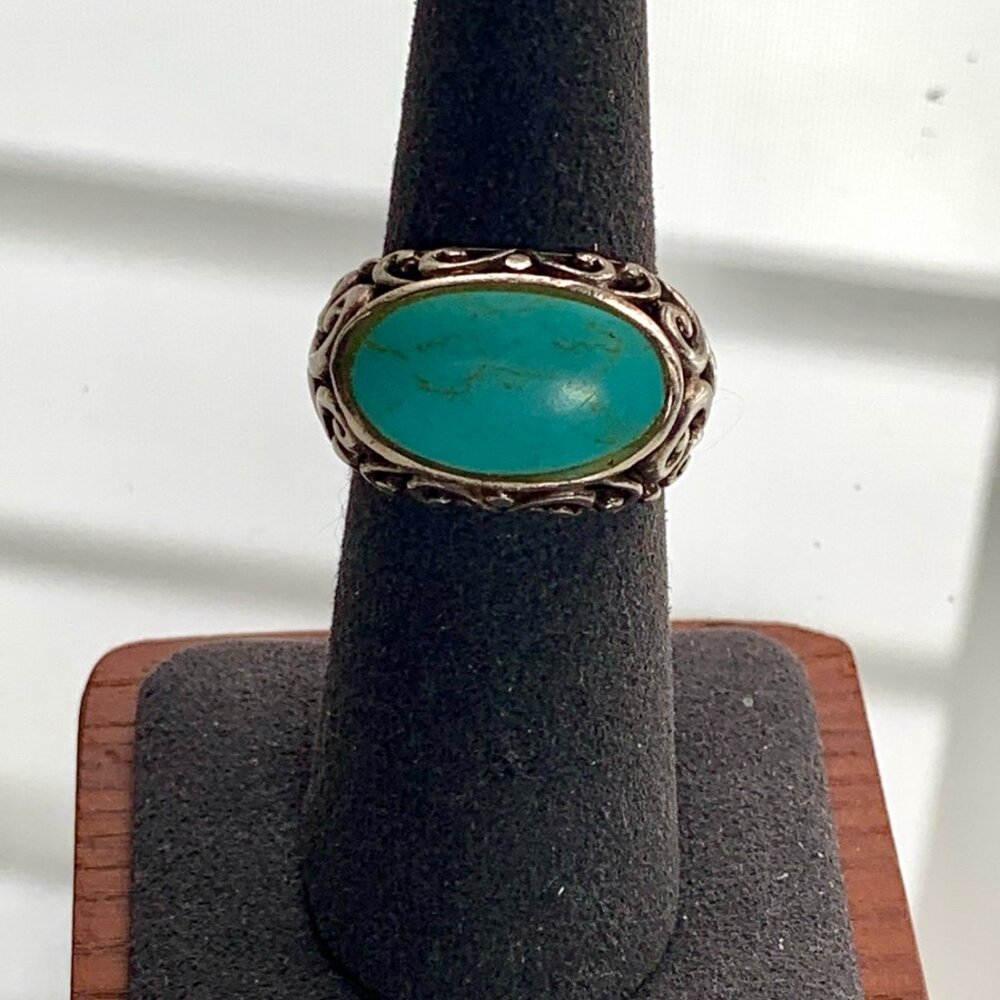 Vintage Sterling Silver Turquoise Ring 6.75 — Ornate Boho Scrollwork, 925 Southw